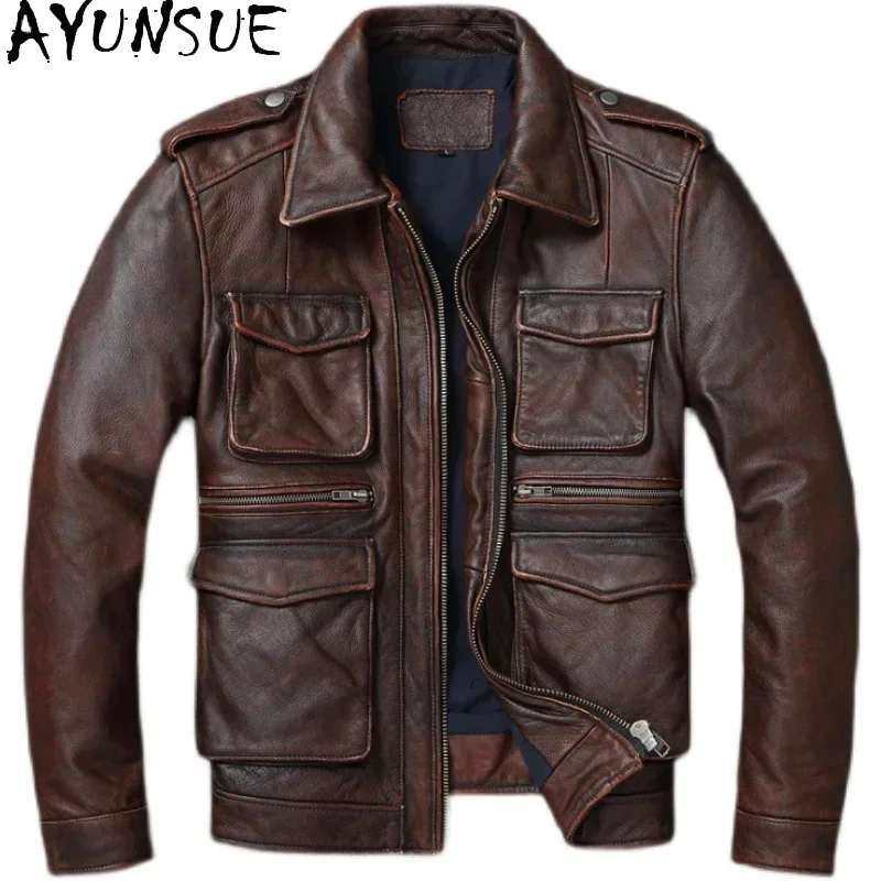 AYUNSUE Men Leather Jacket Autumn Mens Clothing Retro Motorcycle Size S-6XL Short Coats Slim Fit Chamarras Para Hombre