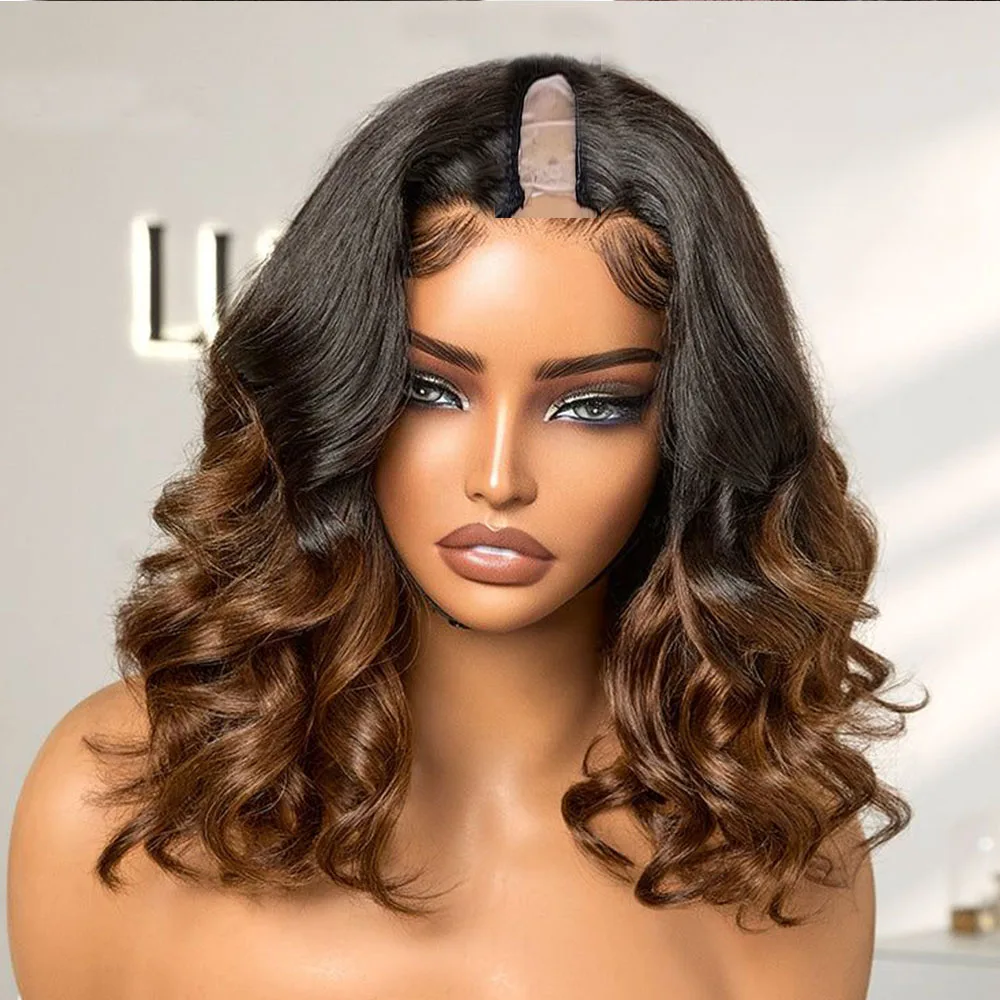Ombre Auburn Braun 100% Echthaar Body Wave U-förmige Unverarbeitete Vollperücken mit 200% Dichte für Schwarze Frauen V-Teil Perücken für den Alltag – Detail 2