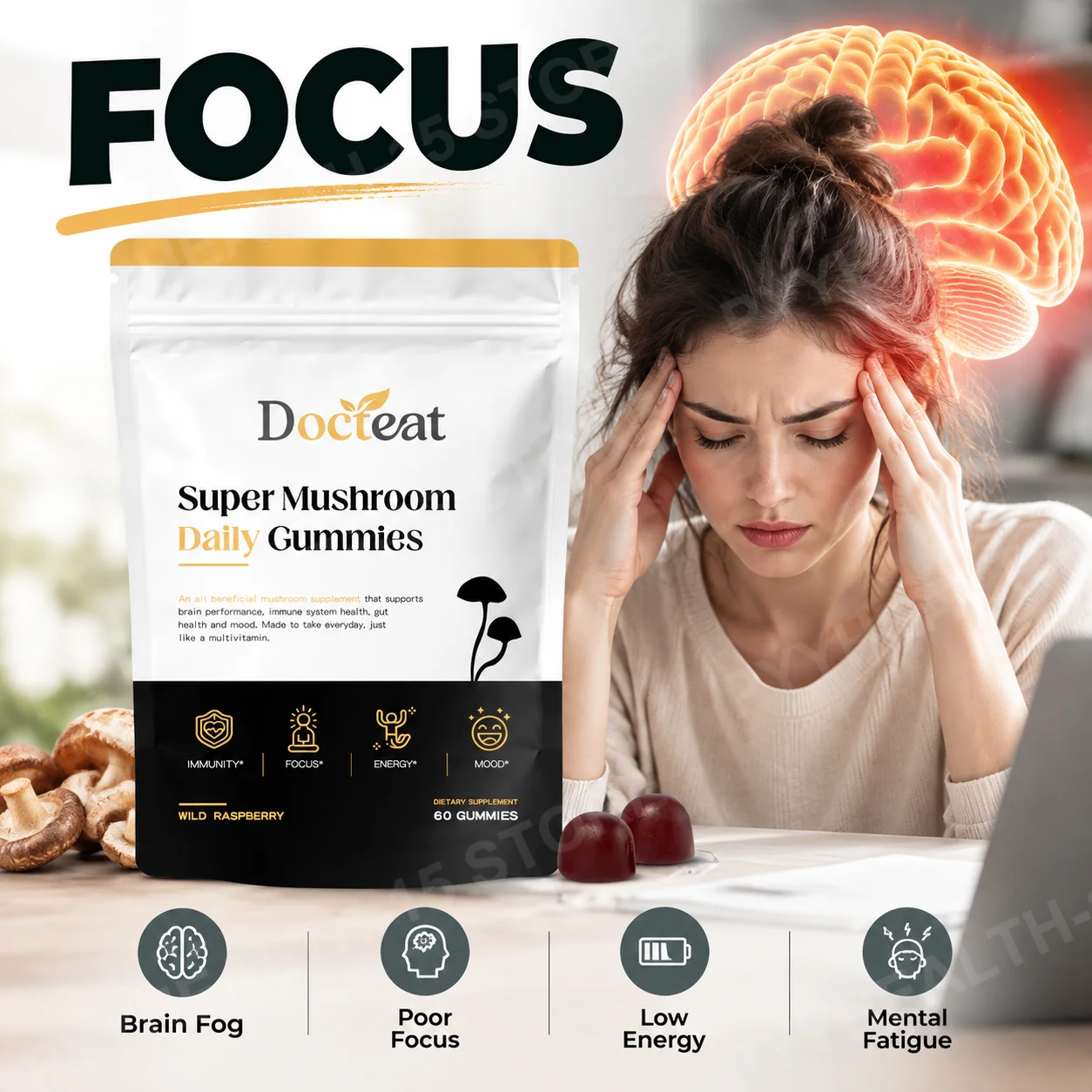 Super Mushroom Gummies for Cognitive Clarity and Mental Focus with 10:1 Mushroom Fruiting Body Extract Complex 60 Gummies