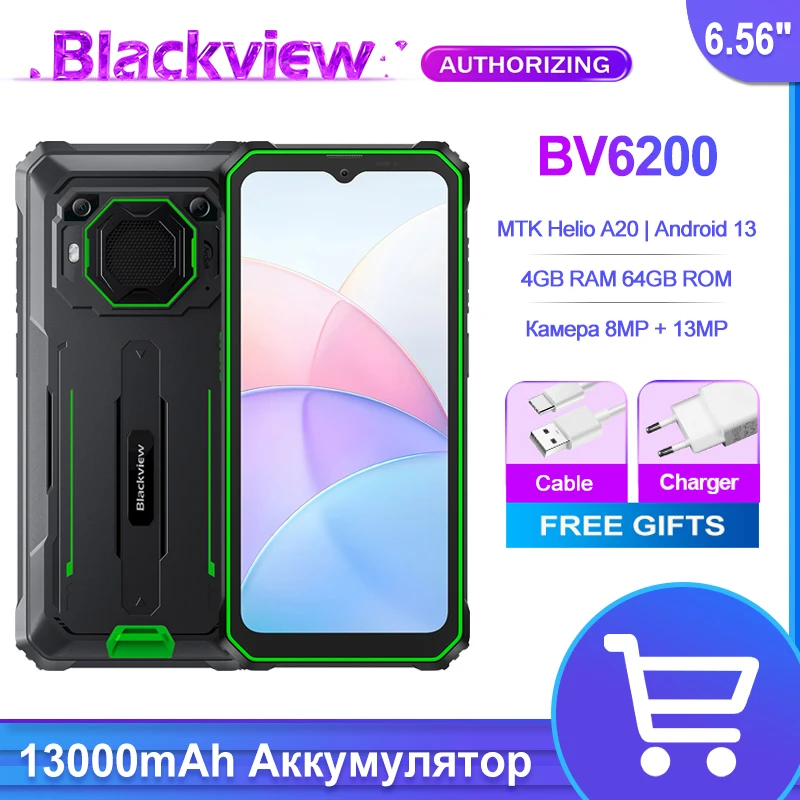 

Blackview BV6200 Helio A22 Andriod 13 6.56'' Display 4GB 64GB 13MP Camera 13000mAh 18W Charge 13MP Rear Camera Waterproof