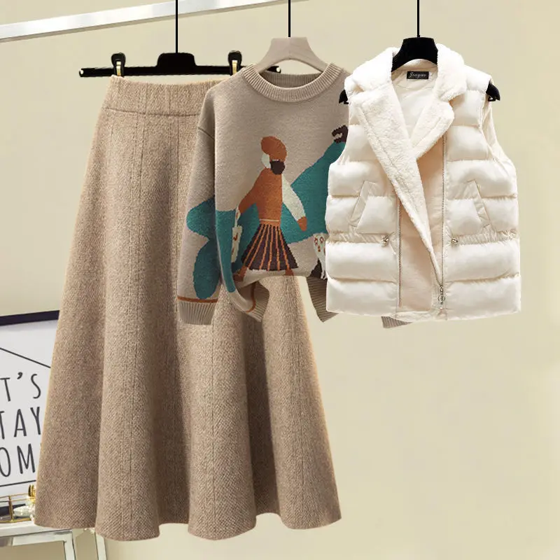 New Winter Warm Sweater 3 Piece Set Women Cartoon Print Sweater + Lamb Wool Vest +A-line Skirt Knitted Suit Plus Size Tracksuit