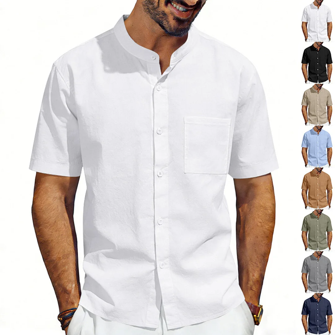 Cross-border new products loose summer men's linen casual vacation beach stand-up collar short-sleeved shirt