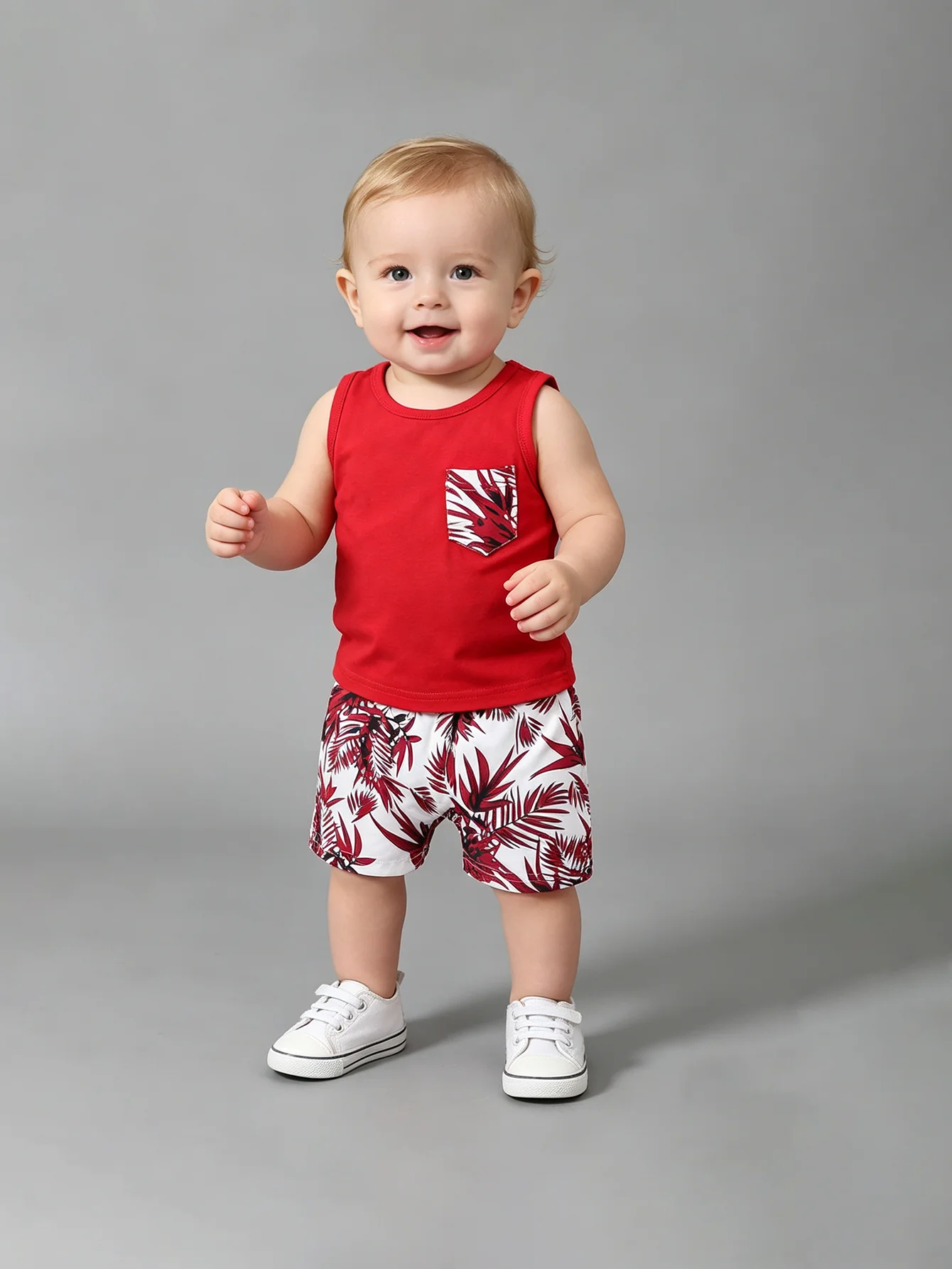

Spring and summer baby boy fashion single pocket sleeveless vest top+printed shorts set, baby boy cute casual pants set