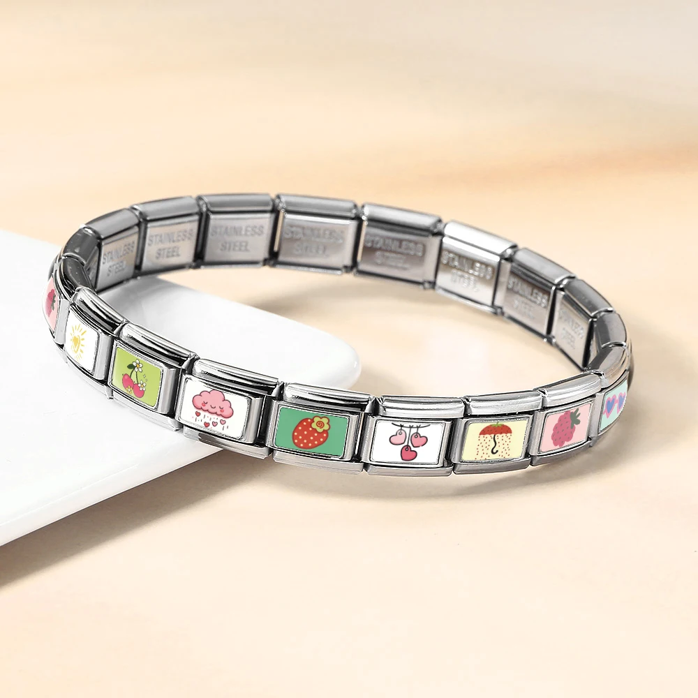 Modisches Original-Design Erdbeer-Kirsch-Wolken-Herz Italienische Gliederkette 9mm Edelstahl-Charm Schmuck DIY Armband-Herstellung – Detail 5