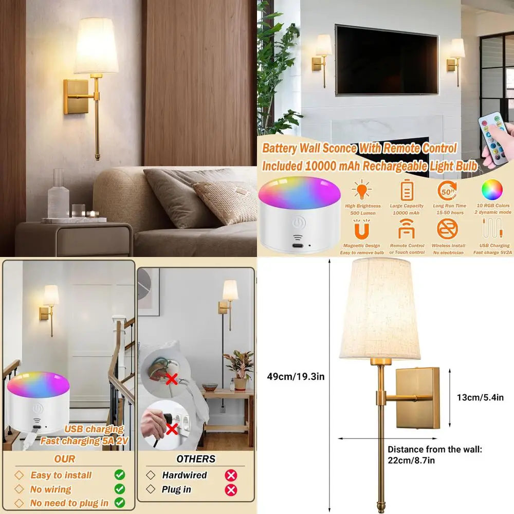 

Набор беспроводных настенных бра на батарейках, светильники с регулируемой яркостью и дистанционным управлением, лампы 3CCT для домашнего декора