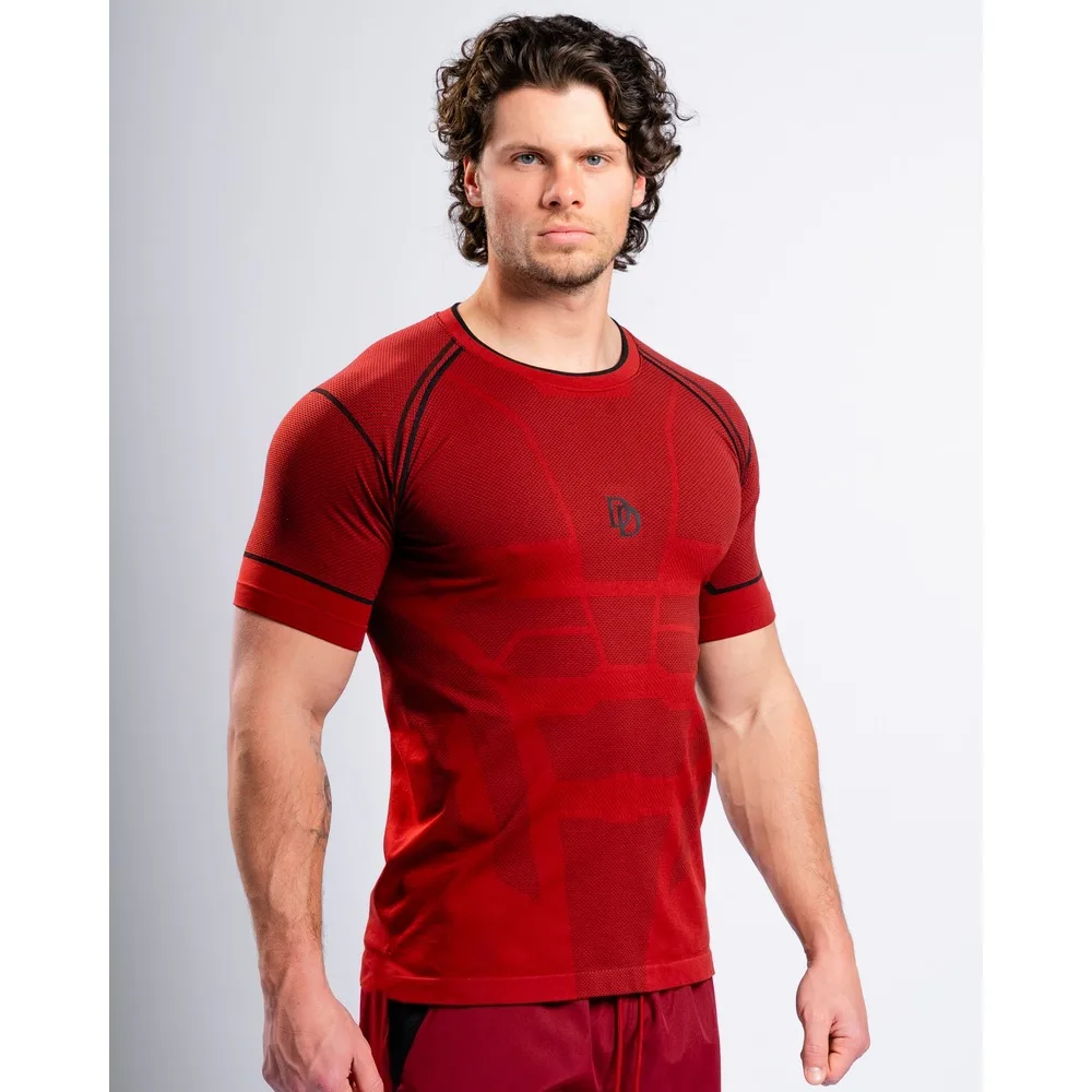 Daredevil Men's Seamless Tight T-shirt with Red and Black Splicing, Quick Drying Gym Exercise Short Sleeve Sports Training Top