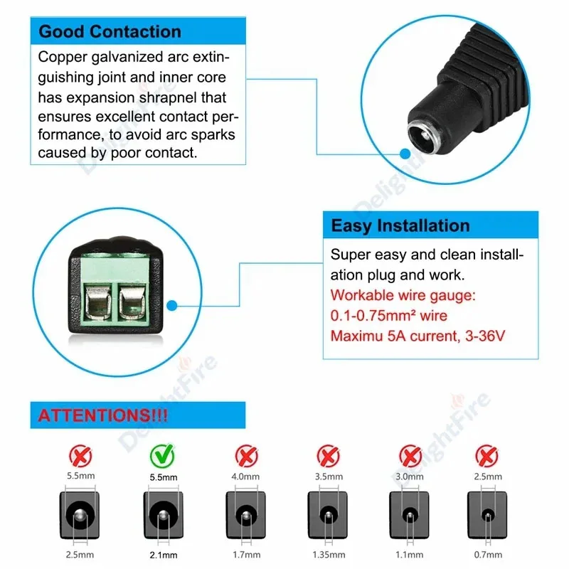 5pcs/pairs Female Male DC Connectors 5.5mm*2.1mm DC Jack 12V DC Power Connector For LED Strip Light CCTV Camera AC Adapterr