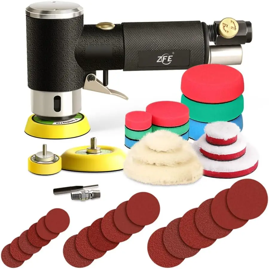 

1/2/3 Inch Random Orbital Air Sander, Mini Pneumatic Tool for Auto Body Work with 15 Pads and 18 Sandpapers