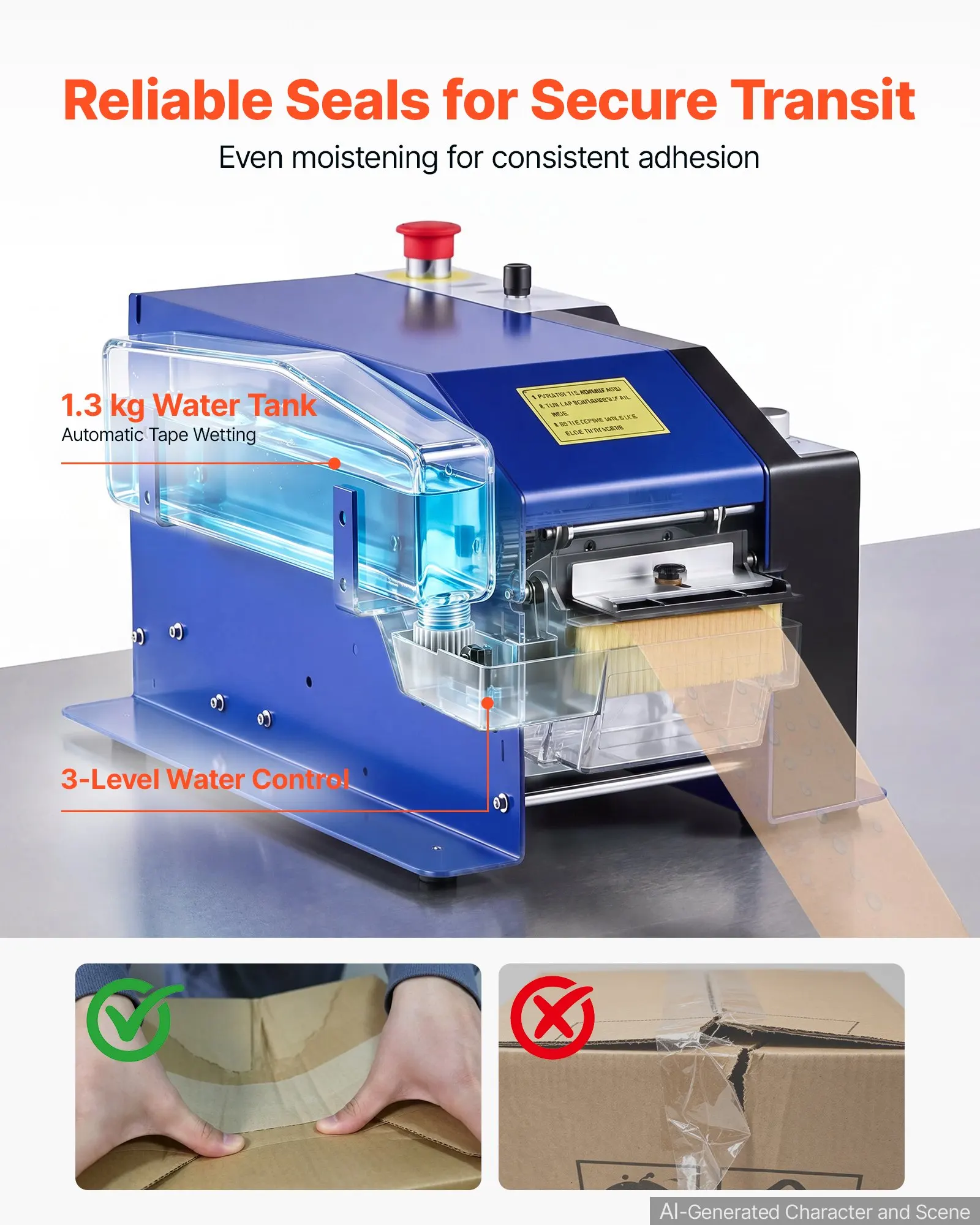 Water-Activated Tape Dispenser, 100–995mm Adjustable Length, 40–100mm Tape Width, 110V Electric Water-Activated Tape Cutter for Carton Sealing, Automatic Kraft Gummed Tape Dispenser, Box Packing