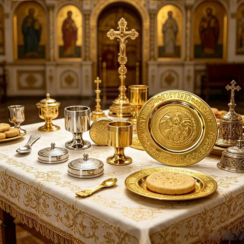 Orthodox Altar Set Gold Silver Metal Icon Plate and Holy Oil Jar with Spoon for Church Supplies Byzantine Religious Gift