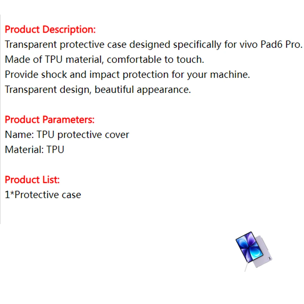 TPU protective case for vivo Pad6 Pro, Slim & Lightweight TPU Protective, Shockproof Cover with Raised Edge, Transparent Back
