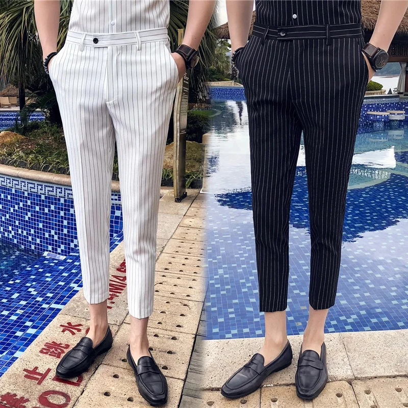 

Summer Thin Bla White Stripes Nine Points Men's Slim Fit Casual Pants No Ironing Wedding Pants Faionable Urban Korean Sle