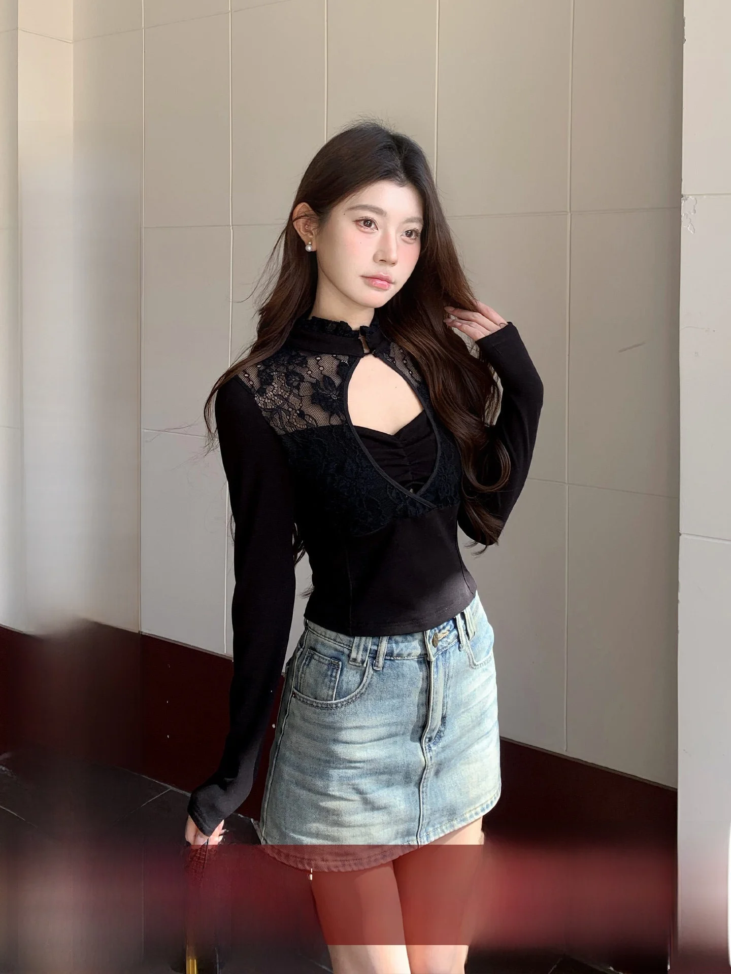 

Knowfeel Studio Lace Hollow Long Sve Women's Top Pure Desire Slimming Design Sense Inner Wear Cotton Blend Fabric