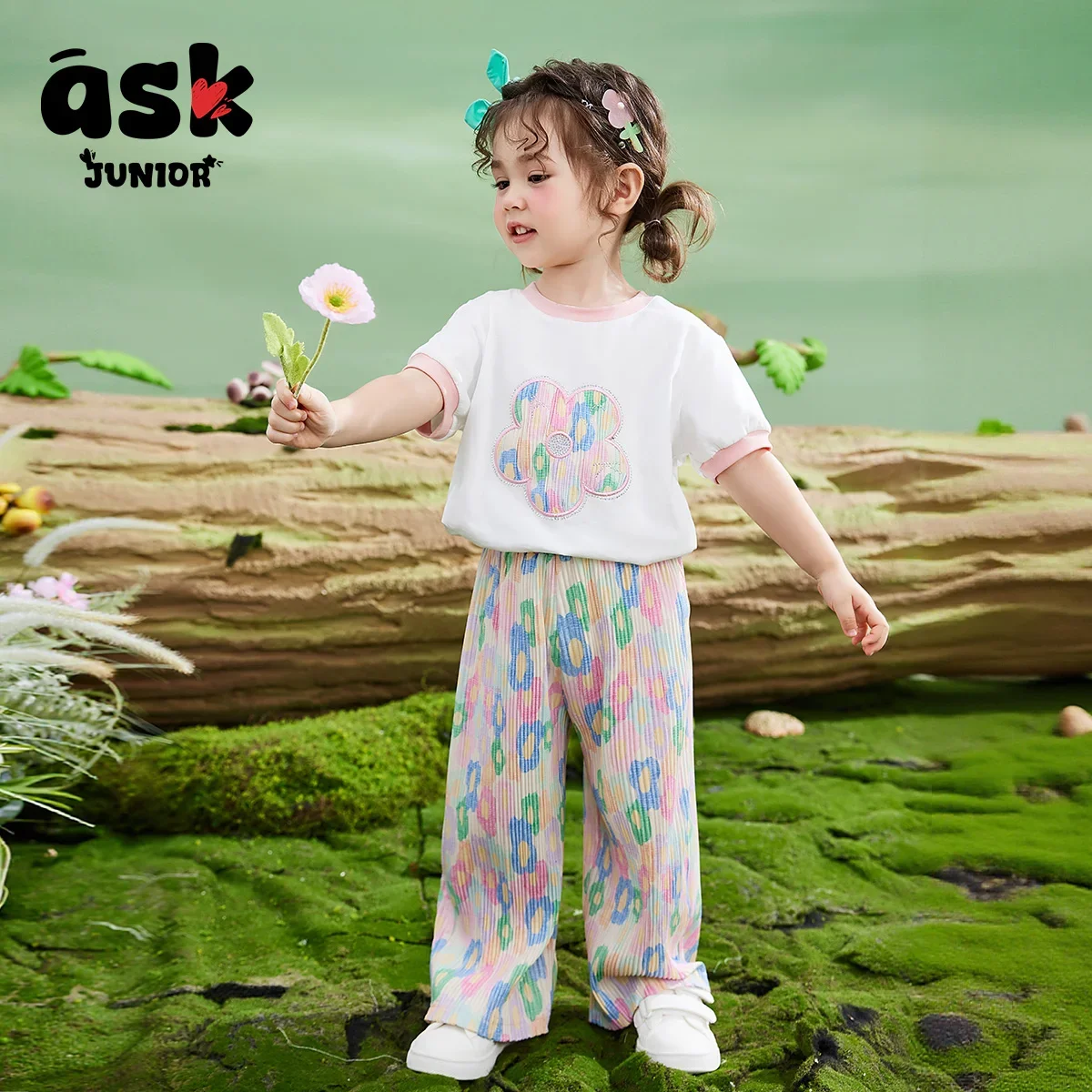 بدلة رياضية صيفية للفتيات للأطفال بأكمام قصيرة وطباعة رقمية رفيعة + بنطال واسع الساق مكون من قطعتين #1