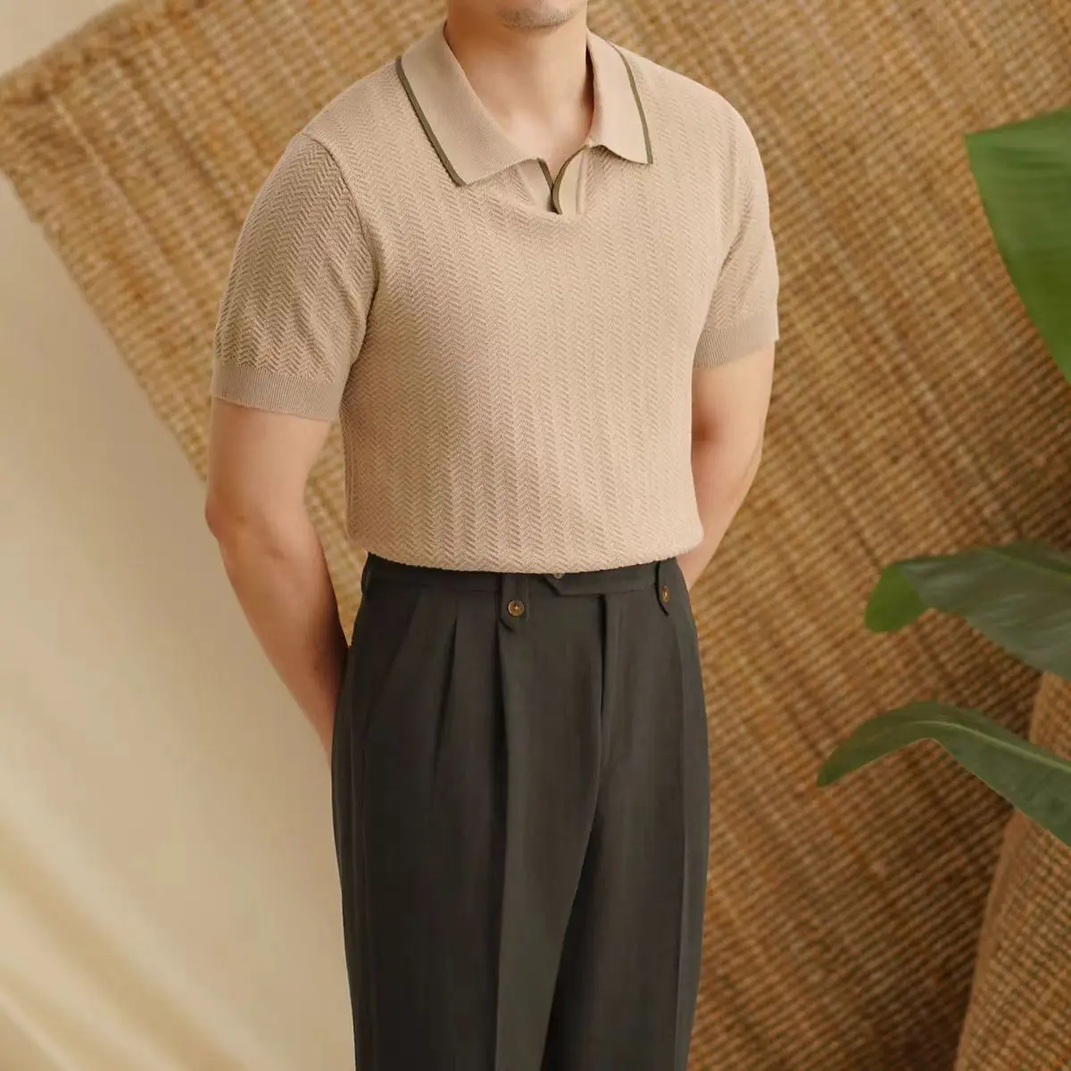 Fashionable Design Short-sleeved Polo Shirt Men Vintage Breathable Versatile Casual Knit Collar Half-sleeve T-shirt