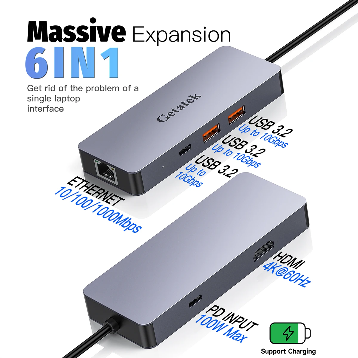 Getatek-concentrador de red USB tipo C 6 en 1, estación de acoplamiento PD 3,2 W, adaptador de puerto Ethernet para MacBook Pro Dell, 4K, 60Hz,