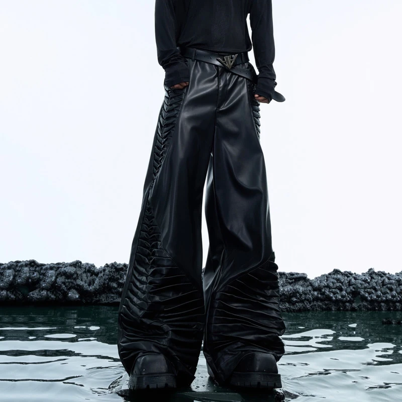 IEFB Pu Leather Pants Men Straight Wide Leg Trousers Side Three-dimensional Spine Creasing Design 2025 Spring Male 24E5172