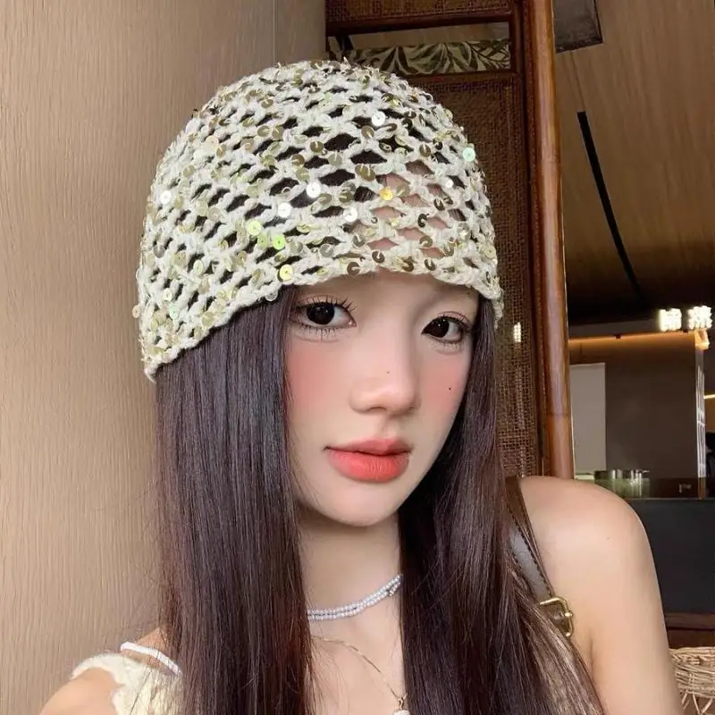 

Fashion Vintage Sequined Hollow Pullover Hats Women Summer Autumn Travel Photo Atmosphere Versatile Casual Mountaineering Hat
