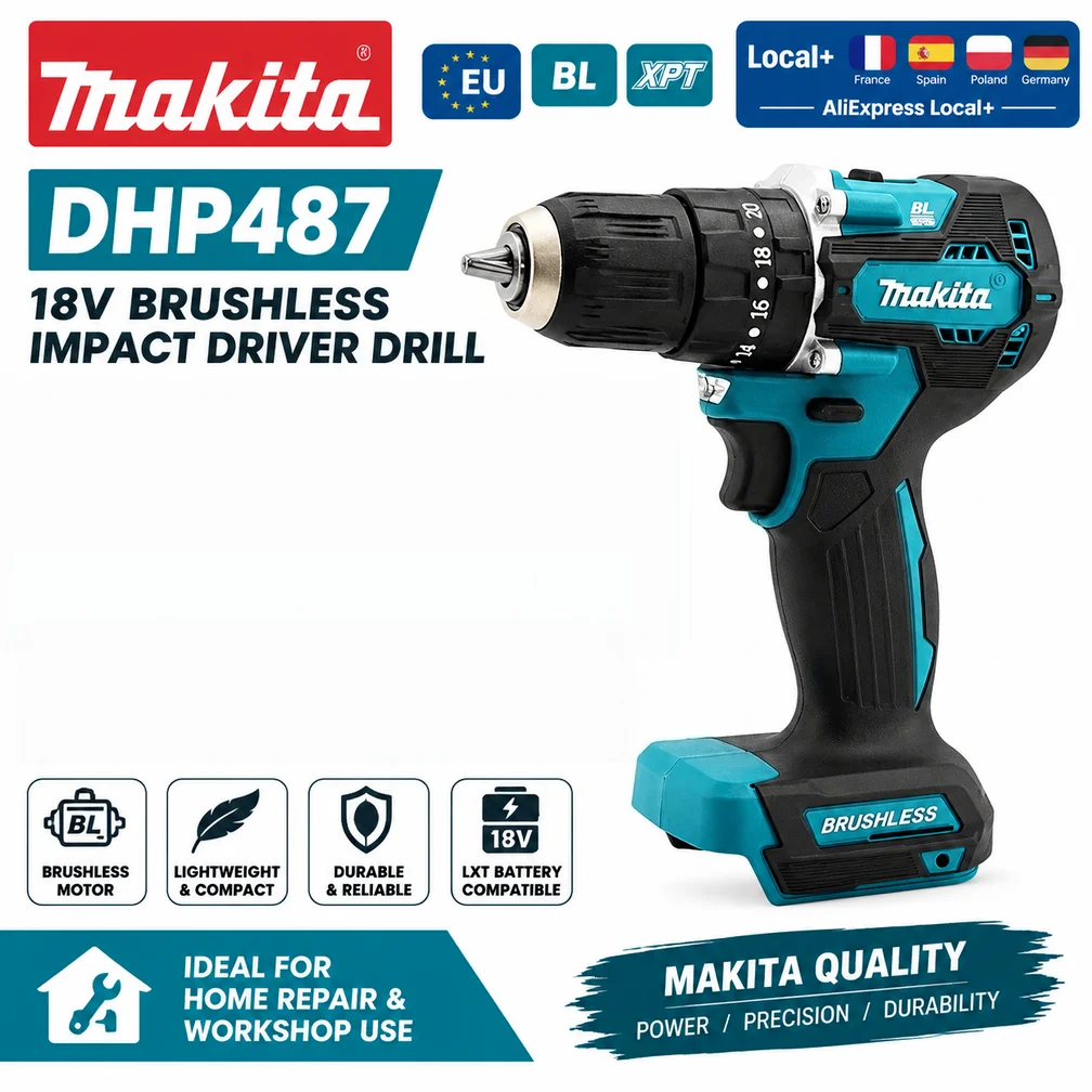 Trapano avvitatore elettrico a batteria Makita 18V LXT DHP487, senza fili, con motore brushless, ricaricabile, utensile elettrico professionale