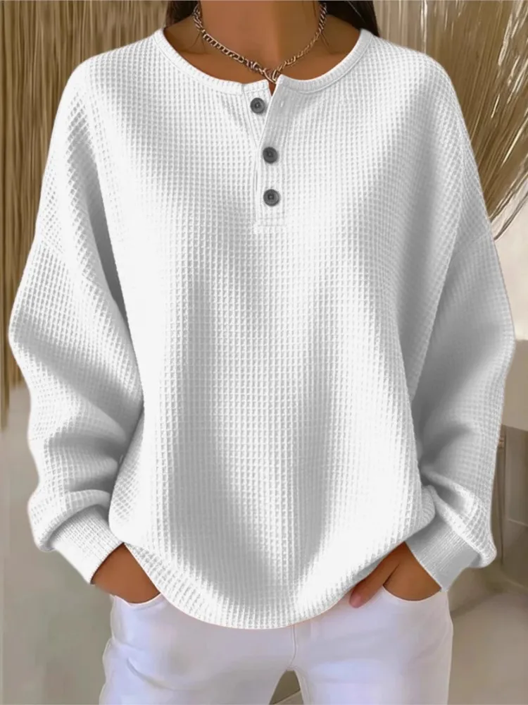

Autumn Winter Fashion New Buttons Loose Pullover Tops For Women Casual Solid Color O Neck Long Sleeve Office Ladies Party Top