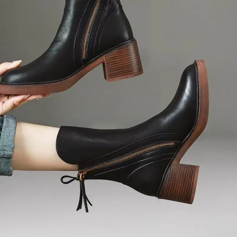 

Woman Mid Calf Boots Women Zipper Chunky Heels Female Footwear Ladies Leather Short Boots Fashion Women's Shoes Botas De Mujer