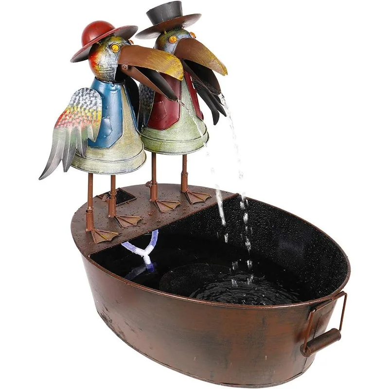 

NCY298 Outdoor Tabletop Vintage Rustic Metal Crow Birds Soothing Waterfall Fountain, 20", Brown