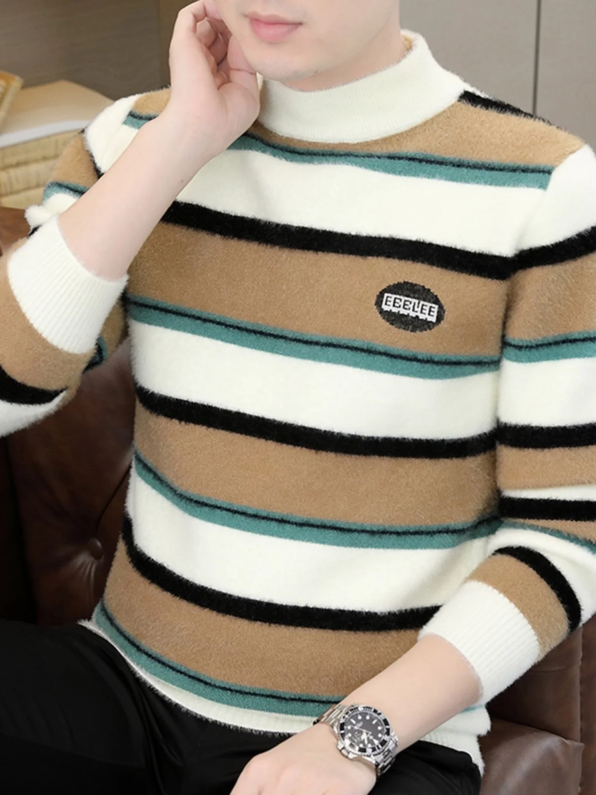 

Men's Mink Knitted Sweater Casual Winter f High Collar Faionable Striped Texture Slim Fit Long Sve T-irt