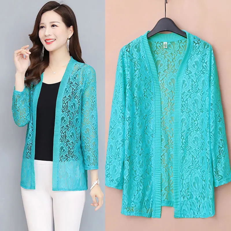 2024 Autumn Summer  6XL Hollow Lace Cardigan Women Female Cardigans Solid Color  Shawl Coat Ladies Outerwear E112