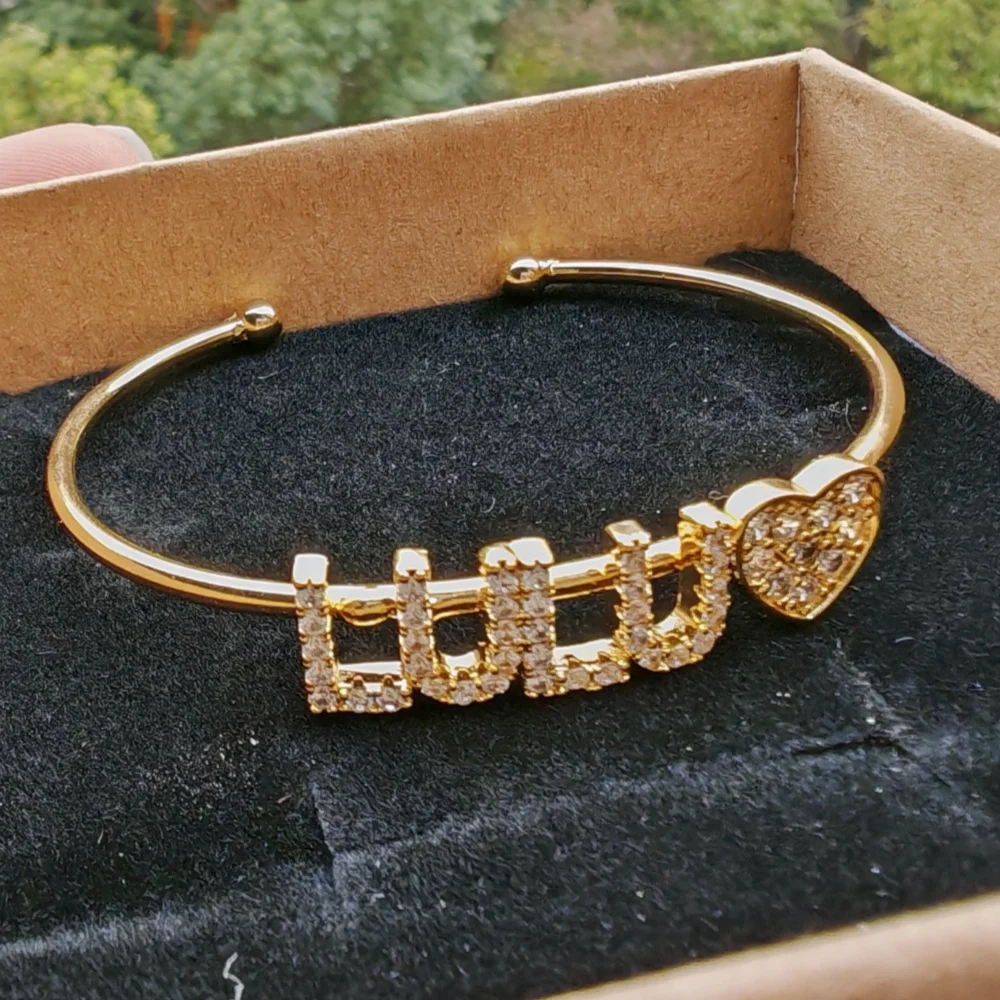 LeeChee 9mm Zircon Diamond Letter Custom Name Bangle Girls Copper Personalized Special Gift For Kids
