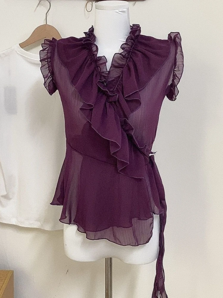 

Sweet Girl Ruffle Retro Short Sleeve Tops Summer Women Lace Purple Slim Fit Base Shirt Aesthetic Chic Design Casual Shirt 2026