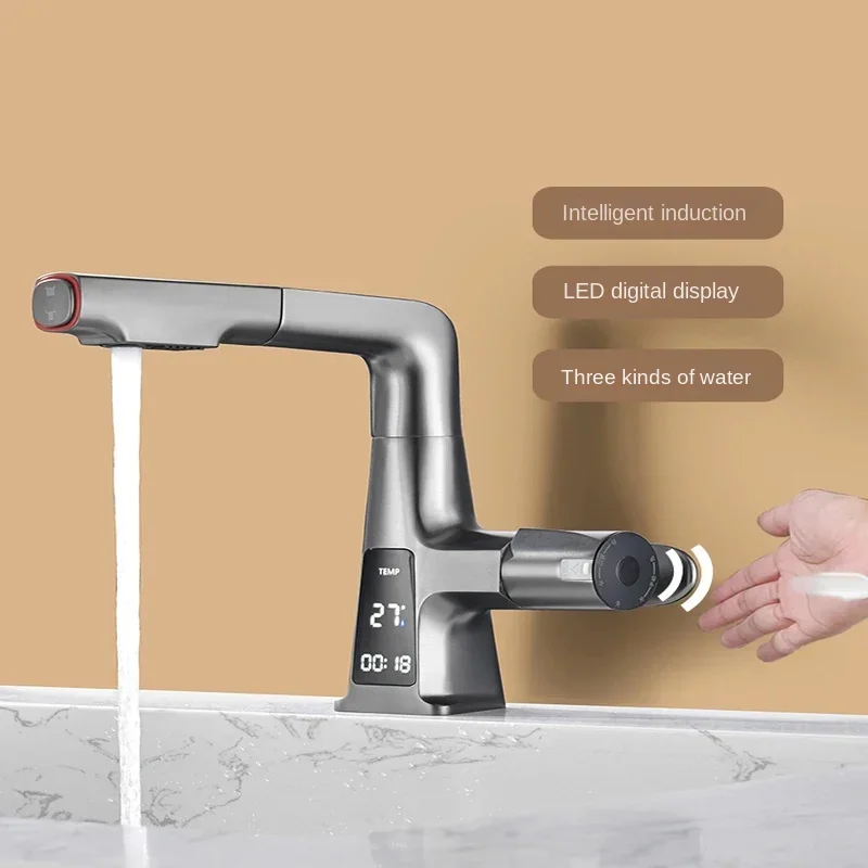 Brass Digital Display Bathroom Basin Faucet Pull-Out Rotatable Washbasin Mixer Modern Dual Mode Tap