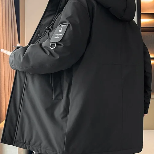 남녀공용 롱 오버 더 니 다운 재킷, 블랙 골드 8 박스, 모자 및 두꺼운 화이트 구스 데일리 다운 코트, 도매 