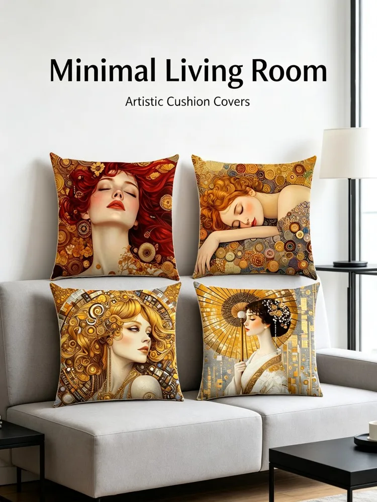Gustav Klimt Style Golden Art Nouveau Cushion Cover Vintage Lady Portrait Print Pillow Case Home Sofa Bedroom Decor Pillow Cover