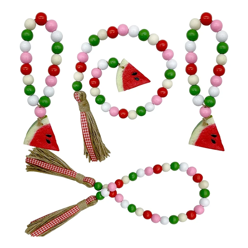 4 Pcs Watermelon Wood Bead Garland With Tassels-Rustic Garland Prayer Boho Beads For Summer Country Style Fruit Themed