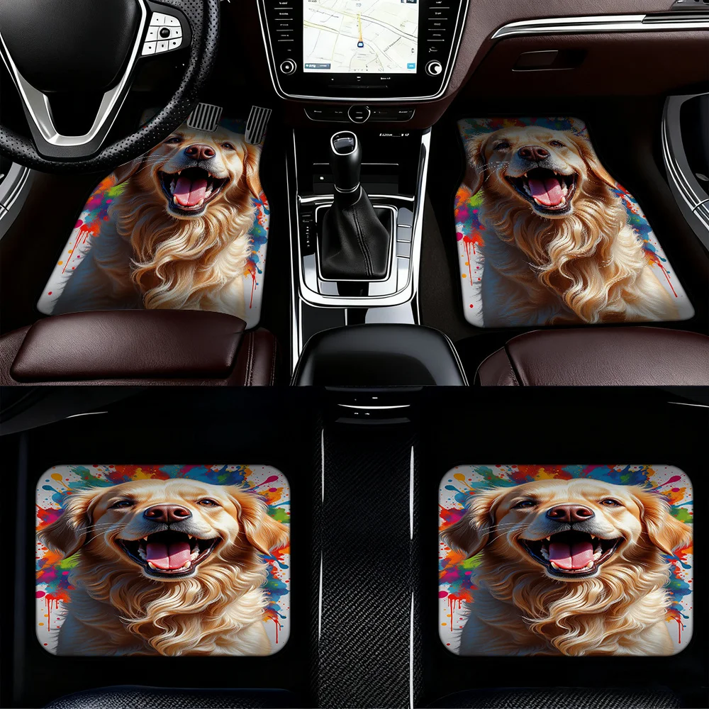 4pcs Car Mats With Golden Retriever Dog Portrait - Soft, Durable, Easy-Clean Floor & Protectors, Vibrant Golden Retriever Design