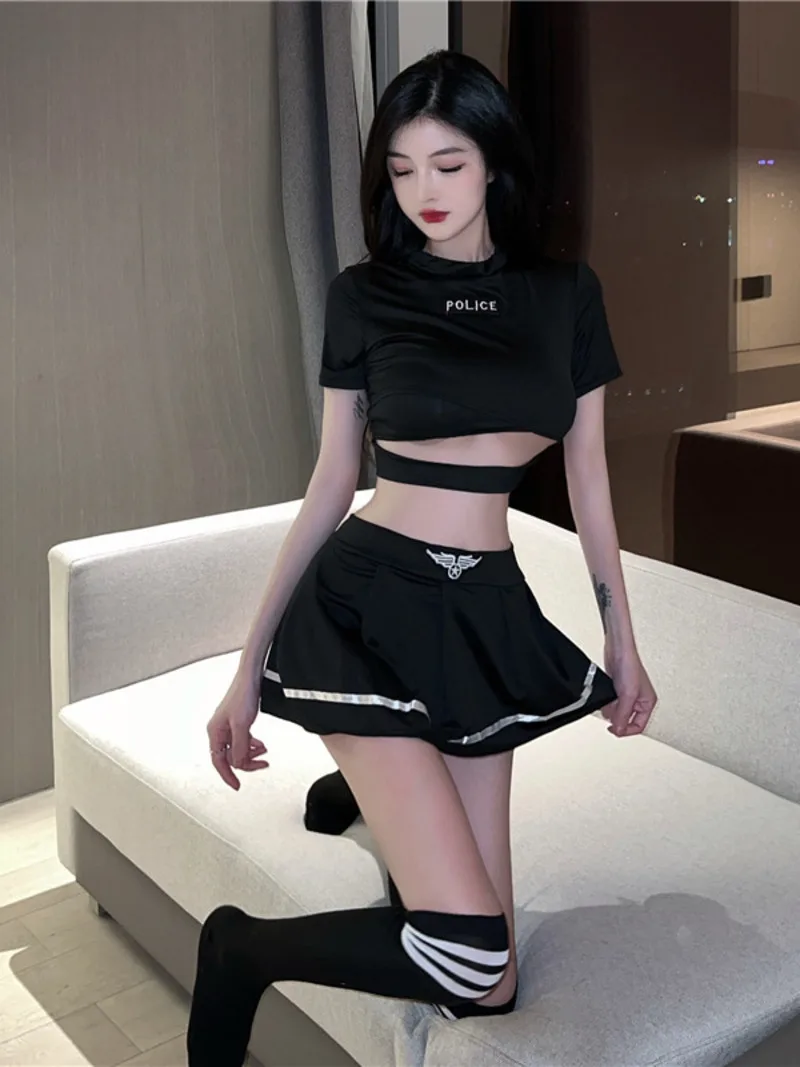 2023 Summer Women's Sexy Spicy Girl Short Sleeve Round Neck Short T-shirt Ultra Short Pleated Skirt Uniform Two Piece Set 3ON1