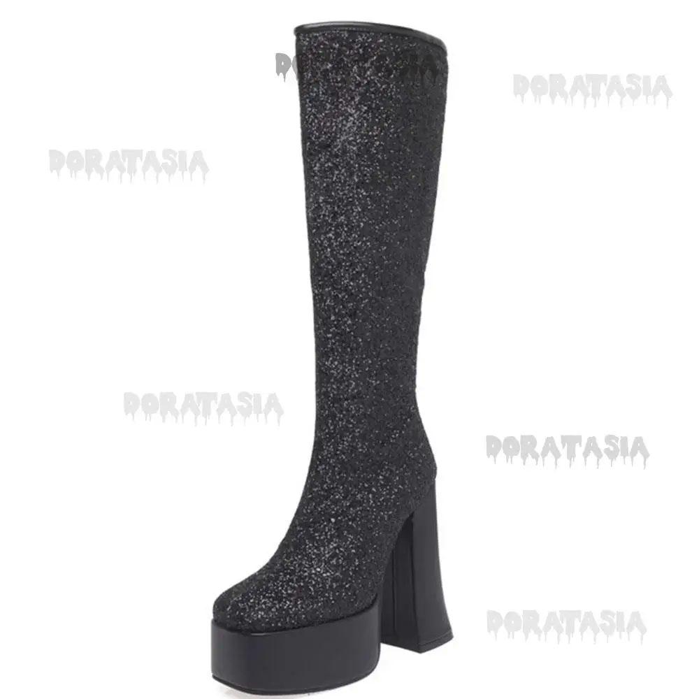 Fashion High Heeled Bling Women Boots Vintage Retro Party Mid Calf Modern Boots Platform Comfy Casual Zipper Lovely Winter Shoes