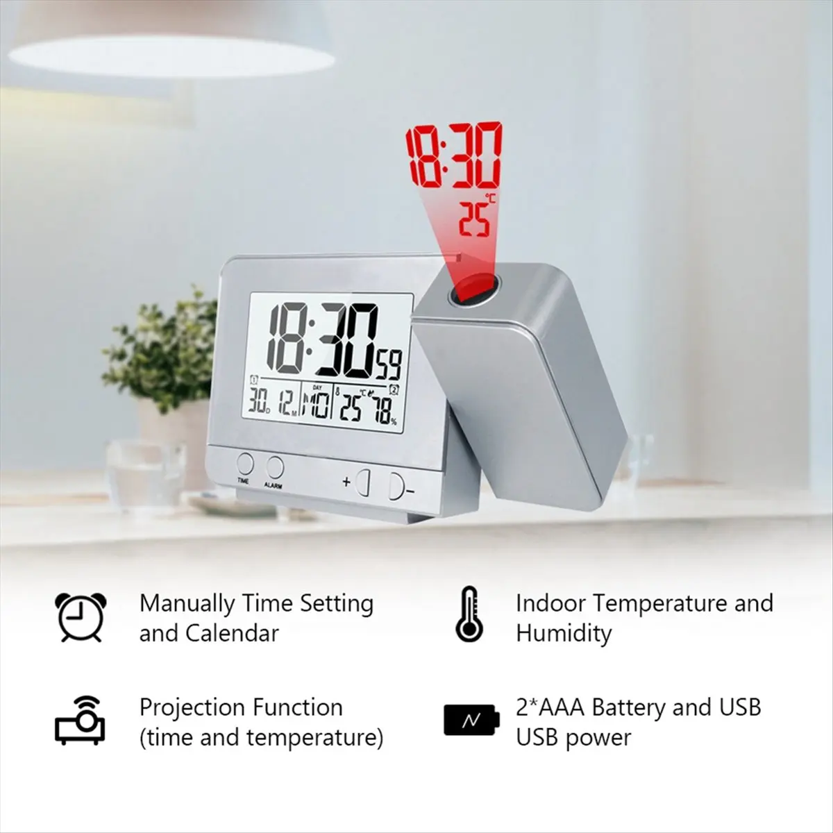 A86G NEW Clock with Digital Date Snooze Function Backlight Watch Wall Projector Desk Table Led Clock with Time Projection Silver
