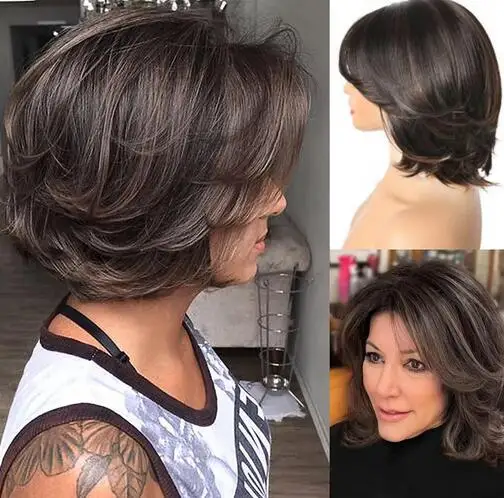 Cabelo sintético perucas em camadas curtas com cortina Bangs para mulheres, Brown Bob, perucas em camadas, Pixie Cut