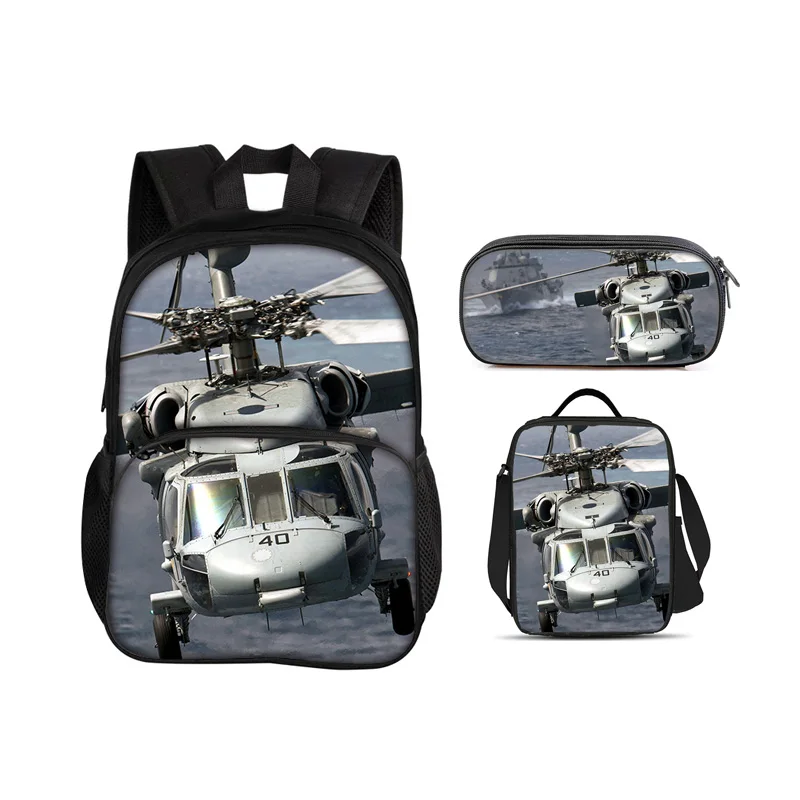 Helicopter round front bag backpack, pencil case, ice pack, 3Pcs Set, mechanical printing best gift for boys and girls in school
