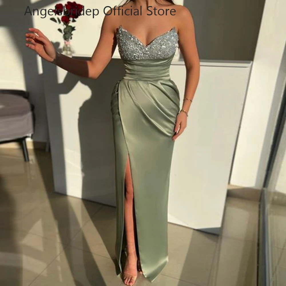 

Angelsbridep Mermaid Prom Dresses Satin V-neck Leg Split Sparkly Beaded Sequins Long Evening Dress Vestido De Noche Party Gowns