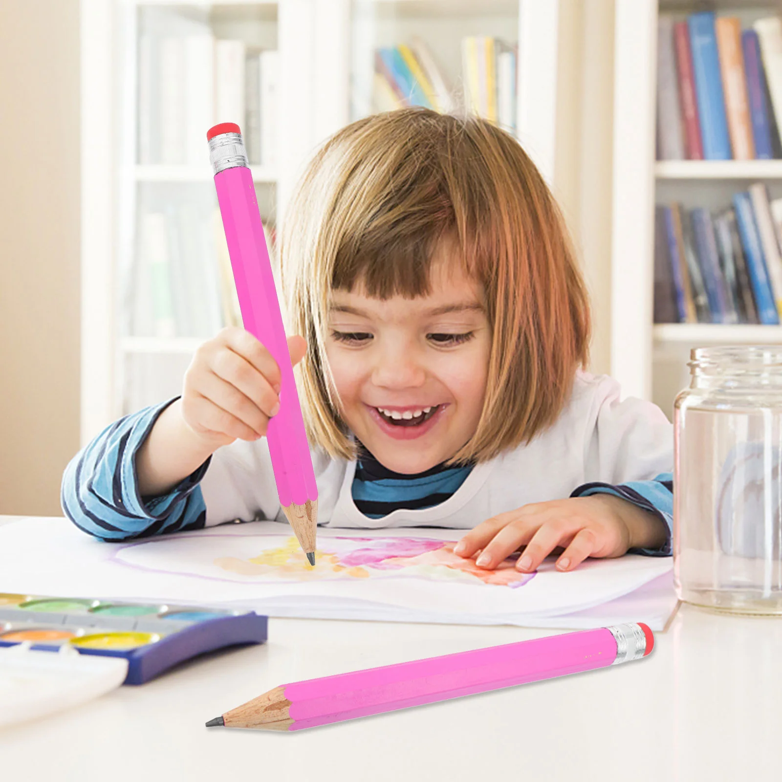 

2 Pcs Large Pencil Wooden Drawing Big Writing Pink Long Pencils Toddler Preschool