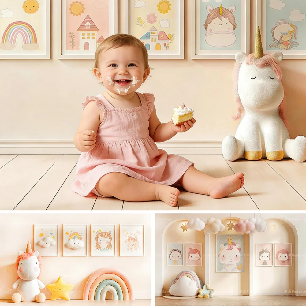 

Wall With Posters of Childrens Drawings Backdrop Unicorn Kids 1st Birthday Cake Smash Photography Props Baby Photocall Decor