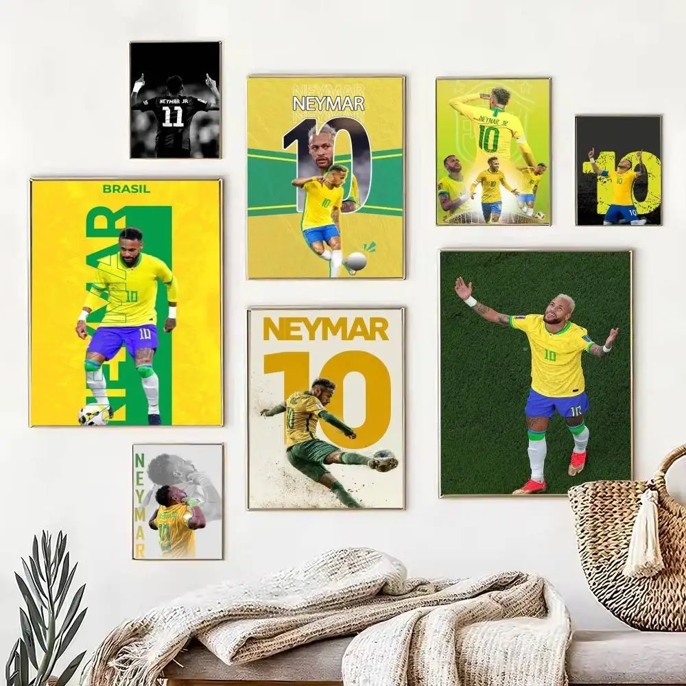N-Neymar Jr 10 Brazil Football  Poster Waterproof Wall Art Sticker For Bar Living Room Vintage Decor High Quality Print Gift