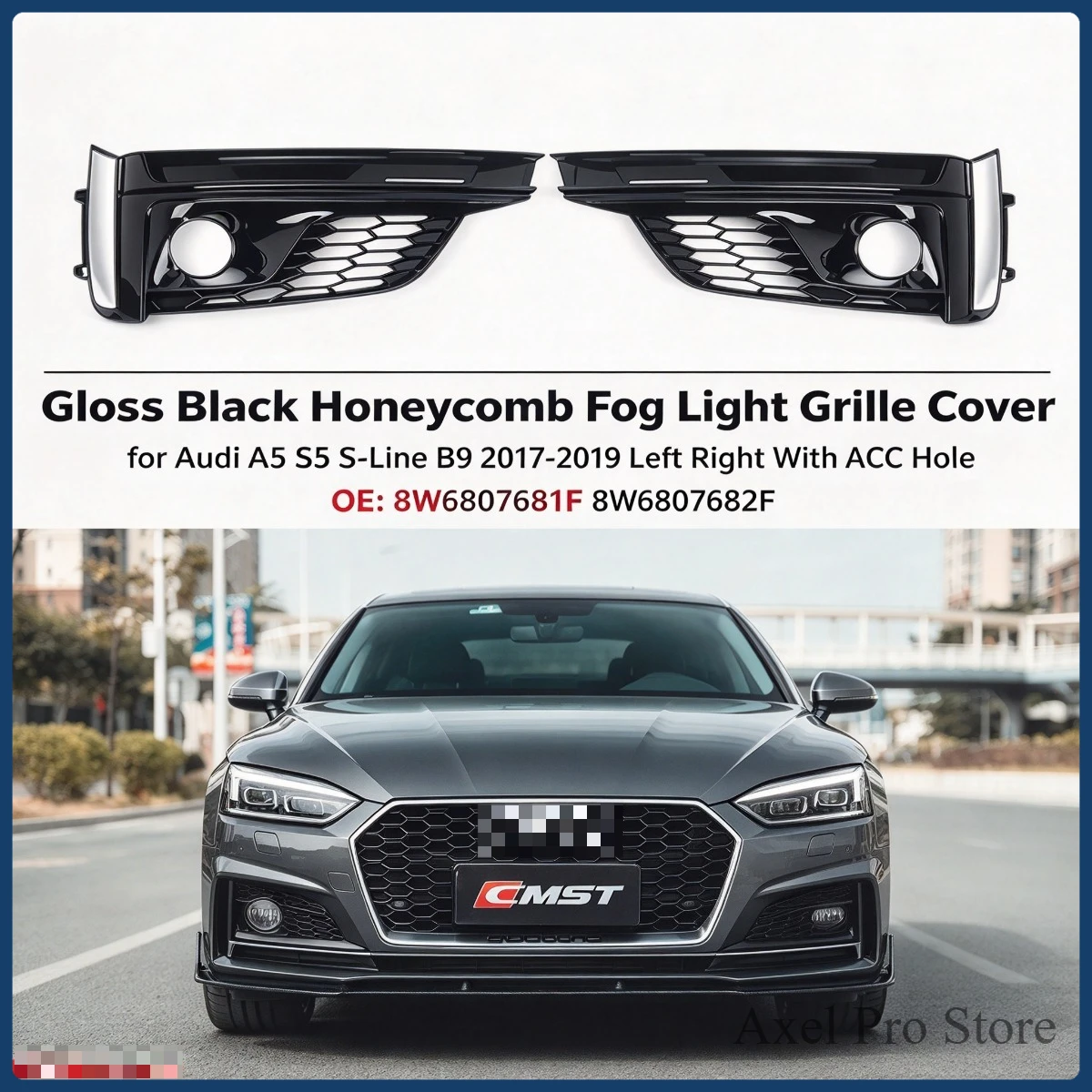 Gloss Black Honeycomb Fog Light Grille Cover for Audi A5 S5 S-Line B9 2017-2019 Left Right With ACC Hole 8W6807681F 8W6807682F