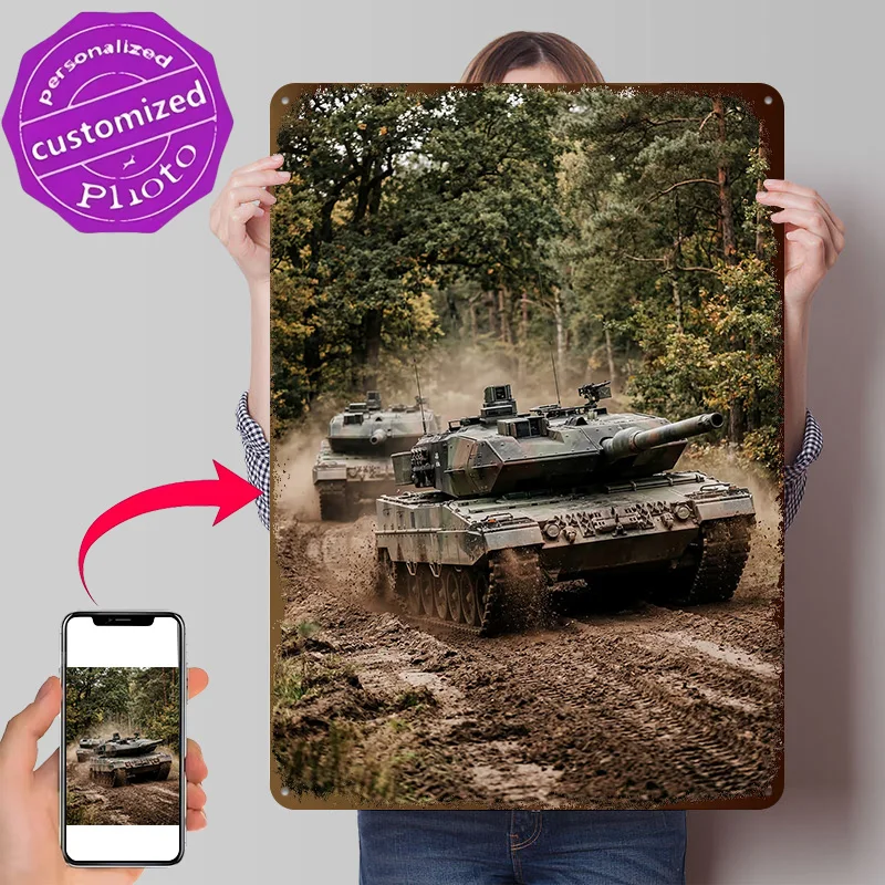 Tanks Driving Through a Forest Poster Retro 3D Printed Metal Signs Customized Wall Hanging Gift for Living Room Decoration House
