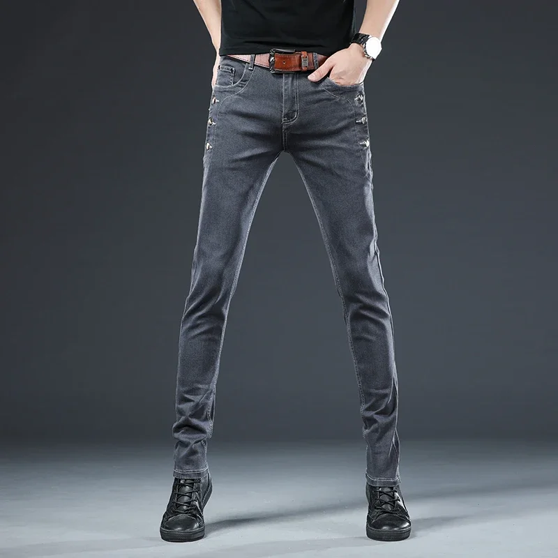 New Men's Multi-button Skinny Jeans Gray Black Stretch Straight Fashionable Casual Slim Fit Denim Long Pants for Small Feet Male