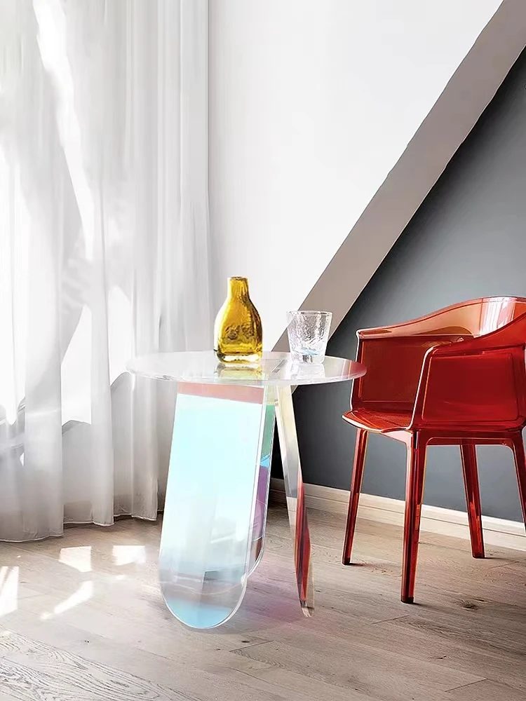 Mesa de centro de acrílico, mueble pequeño y lateral, ovalado, cristal transparente, arcoíris, muebles modernos para el hogar y el comedor