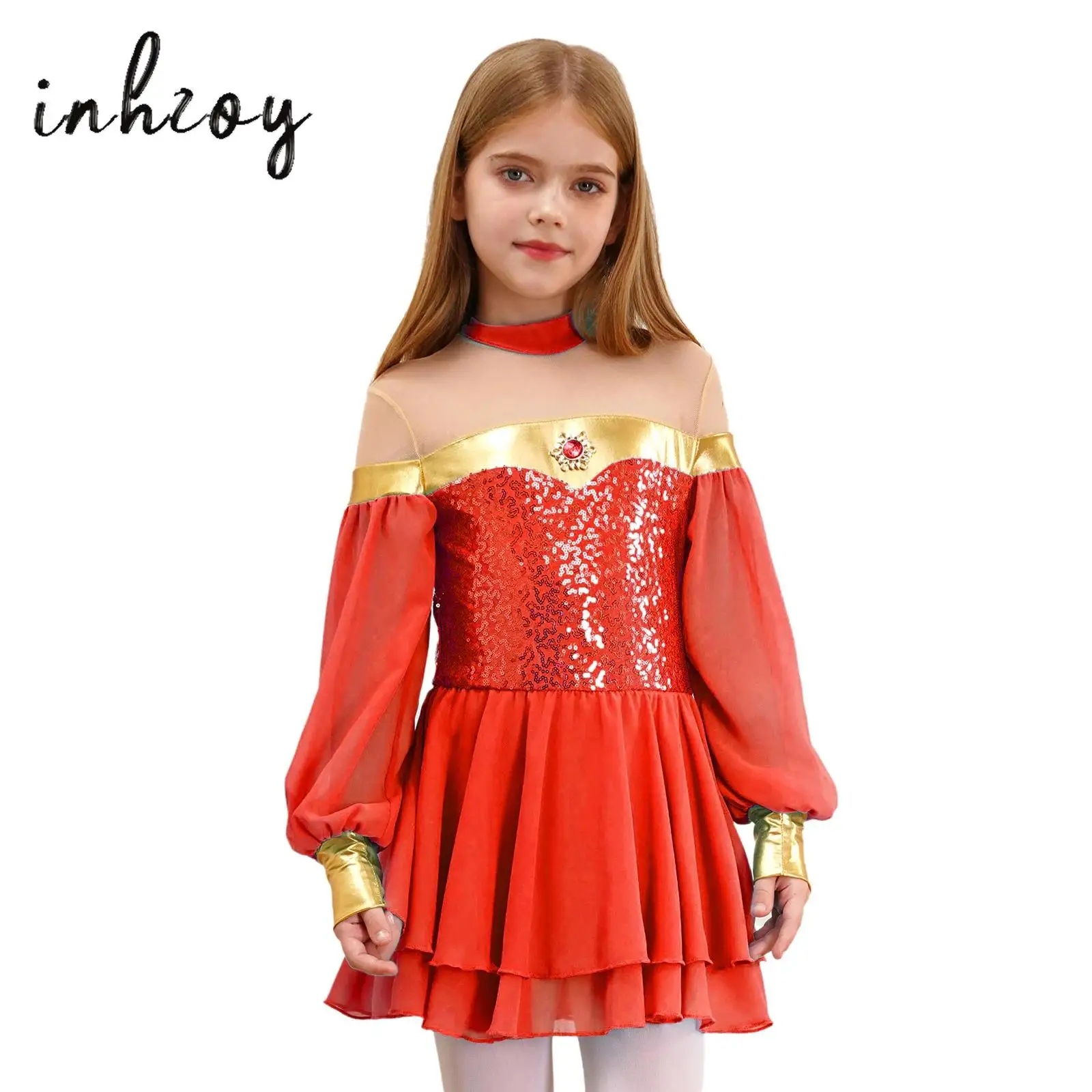 

Arabian Princess Costume for Girls Dress Up Birthday Halloween Party Lantern Sleeve Sequins Tulle Jumpuit Leotard Dress