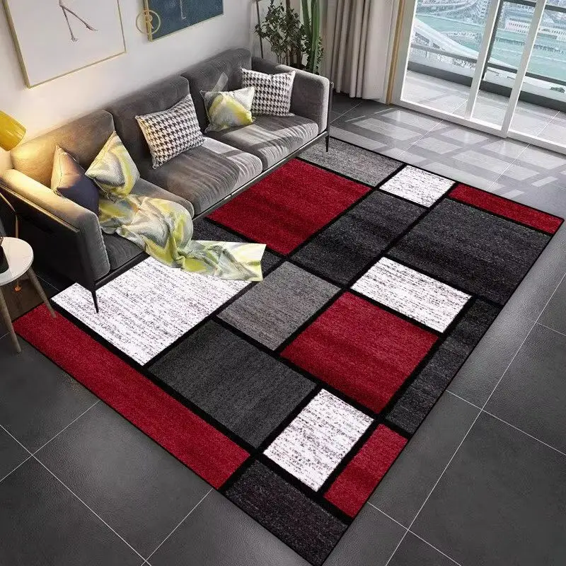 VIKAMA Modern Geometric Block Area Rug Crystal Velvet Living Room Carpet Non Slip Red Black Gray Pattern Bedroom Dining Floor